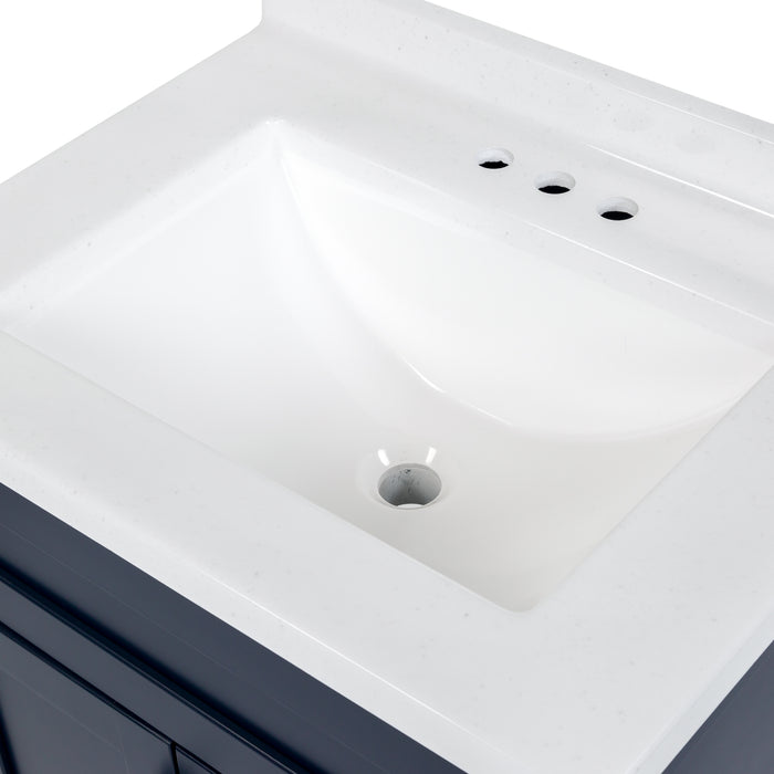 View of the 24.5” wide Marilla bathroom vanity cultured marble sink top with an integrated white sink that is predrilled for a 4" centerset faucet, and a 2.19" high backsplash  - shown here in white sink top