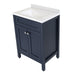Top view of 24.5” wide Marilla bathroom vanity, shown here in blue finish with white sink top, features 2 Shaker-style soft-close doors, adjustable legs, and polished chrome door handles