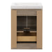 open back on Trente 24 inch 2-door, 1-drawer, bathroom vanity with woodgrain finish and white sink top