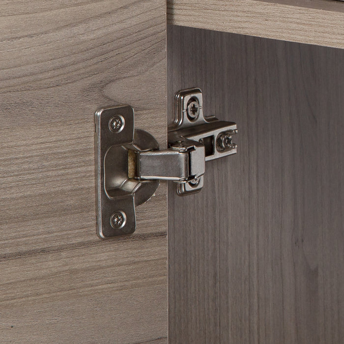 Adjustable hinge on Trente 24 inch 2-door, 1-drawer, bathroom vanity with woodgrain finish and white sink top
