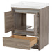 Open doors and drawer on Trente 24 inch 2-door, 1-drawer, bathroom vanity with woodgrain finish and white sink top