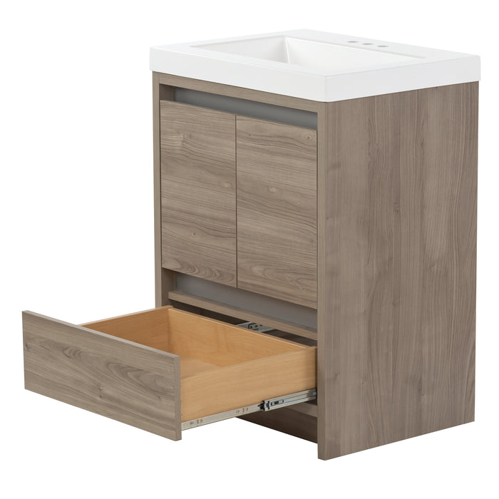 Side view of Trente 24 inch 2-door, 1-drawer, bathroom vanity with woodgrain finish and white sink top with open drawer