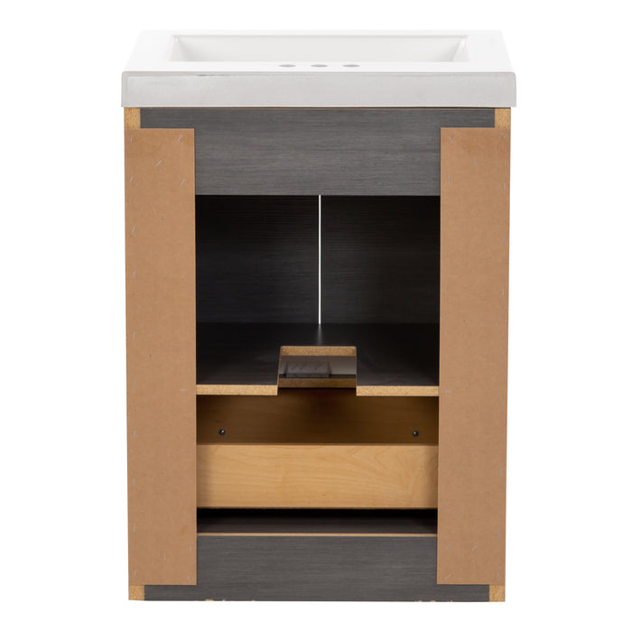 Open back on Trente 24 inch 2-door, 1-drawer, bathroom vanity with woodgrain finish and white sink top