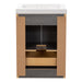 Open back on Trente 24 inch 2-door, 1-drawer, bathroom vanity with woodgrain finish and white sink top