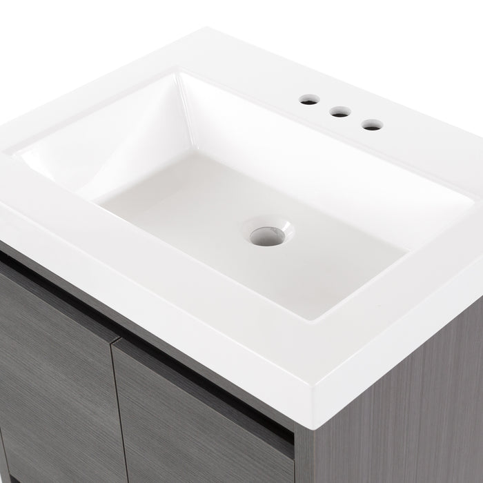 Predrilled sink top on Trente 24 inch 2-door, 1-drawer, bathroom vanity with woodgrain finish and white sink top