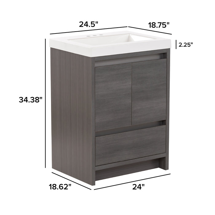 Measurements of Trente 24 inch 2-door, 1-drawer, bathroom vanity with woodgrain finish and white sink top: 24.5 in W x 18.75 in D x 34.38 in H
