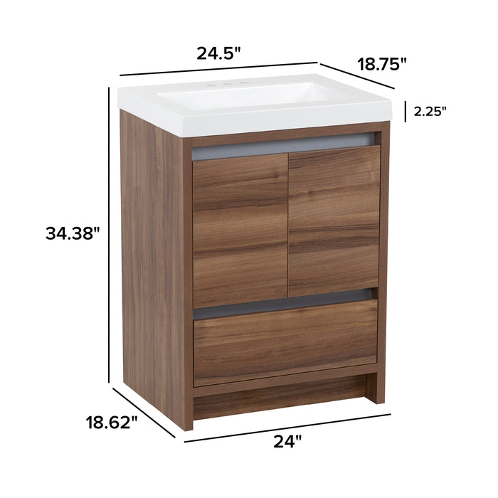 Measurements of Trente 24 inch 2-door, 1-drawer, bathroom vanity with woodgrain finish and white sink top: 24.5 in W x 18.75 in D x 34.38 in H