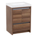 Angled view of Trente 24 inch 2-door, 1-drawer, bathroom vanity with woodgrain finish and white sink top
