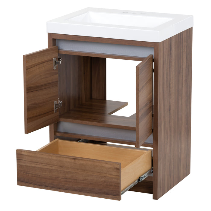 doors and drawer open on Trente 24 inch 2-door, 1-drawer, bathroom vanity with woodgrain finish and white sink top