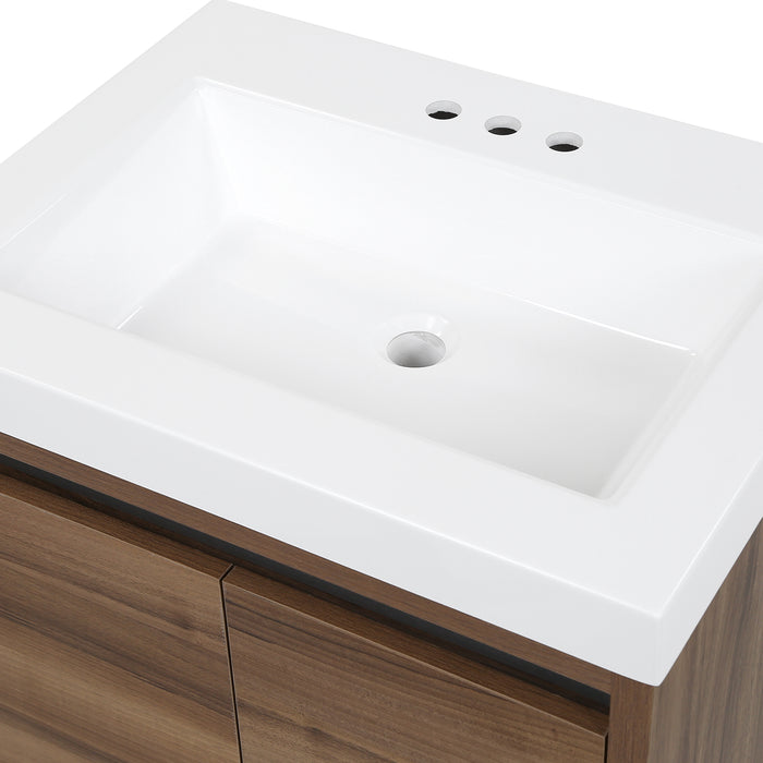 Predrilled sink top on Trente 24 inch 2-door, 1-drawer, bathroom vanity with woodgrain finish and white sink top