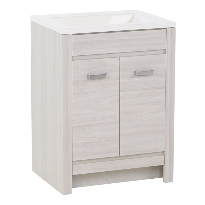 Right side of Devere light woodgrain bathroom vanity with white top and 2 doors