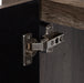Adjustable hinge of Devere dark woodgrain bathroom vanity with white top and 2 doors