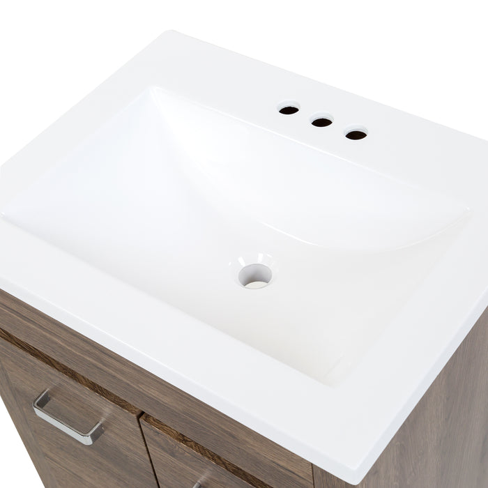 Predrilled sink on Devere dark woodgrain bathroom vanity with white top and 2 doors