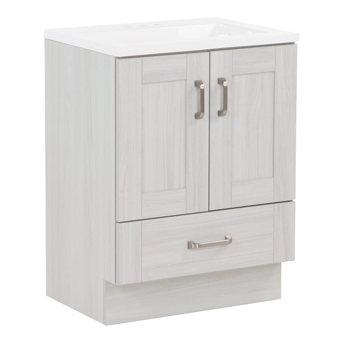 Side view of Noelani 24.25” wide powder room vanity features a transitional design with soft-close 2-door cabinet and a full-extension bottom drawer in Elm Sky finish