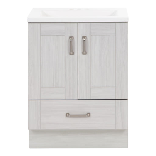 24.25” wide Noelani powder room vanity features a transitional design with soft-close 2-door cabinet and a full-extension bottom drawer in Elm Sky finish