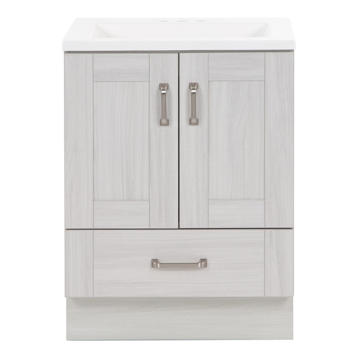 24.25” wide Noelani powder room vanity features a transitional design with soft-close 2-door cabinet and a full-extension bottom drawer in Elm Sky finish