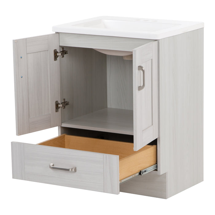 Image shows the Noelani 24.25” wide powder room vanity in Elm Sky finish with two opened cabinet doors and drawer extended