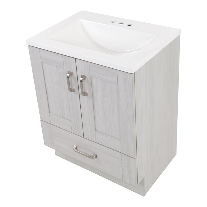 Top view of Noelani 24.25” wide powder room vanity features a transitional design with soft-close 2-door cabinet and a full-extension bottom drawer in Elm Sky finish