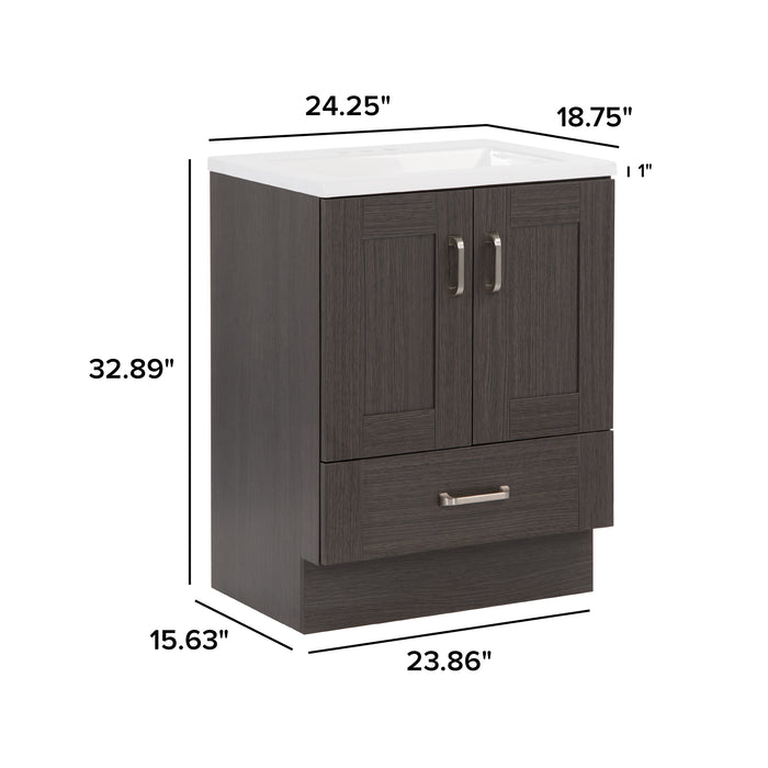 Measurements of Noelani 24.25” wide powder room vanity features a transitional design with soft-close 2-door cabinet and a full-extension bottom drawer in Milano Oak finish: 24.25” width x 18.75” depth x 32.89” height