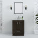 Front view of the Noelani 24.25” wide powder room vanity features a transitional design with soft-close 2-door cabinet and a full-extension bottom drawer in Milano Oak finish. Shown here with mirror, hand soap and other bathroom items.