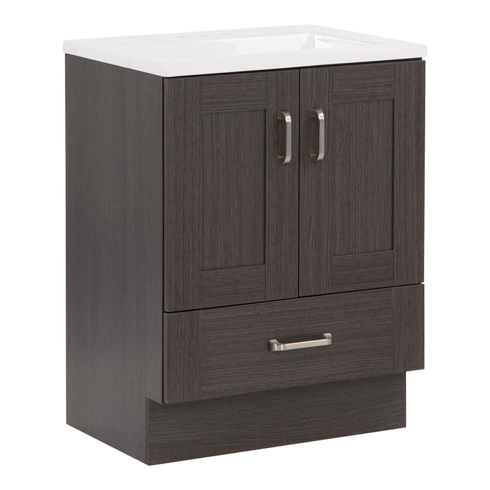 Side view of Noelani 24.25” wide powder room vanity features a transitional design with soft-close 2-door cabinet and a full-extension bottom drawer in Milano Oak finish