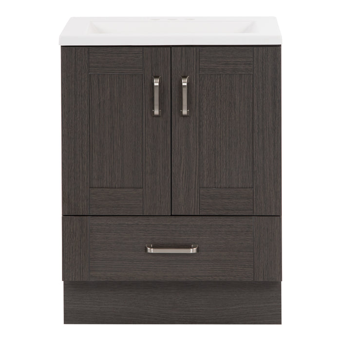 24.25” wide Noelani powder room vanity features a transitional design with soft-close 2-door cabinet and a full-extension bottom drawer in Milano Oak finish