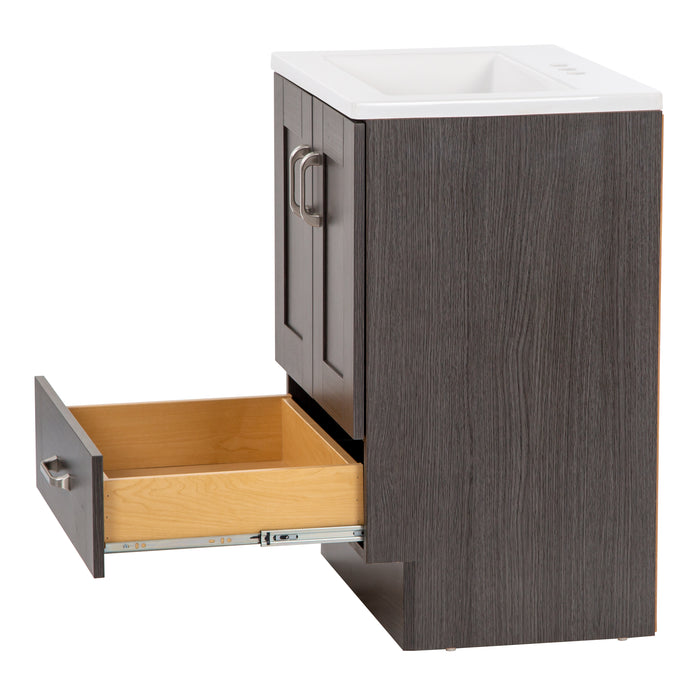 Open bottom drawer on Noelani 24.25” wide powder room vanity features a transitional design with soft-close 2-door cabinet and a full-extension bottom drawer in Milano Oak finish.