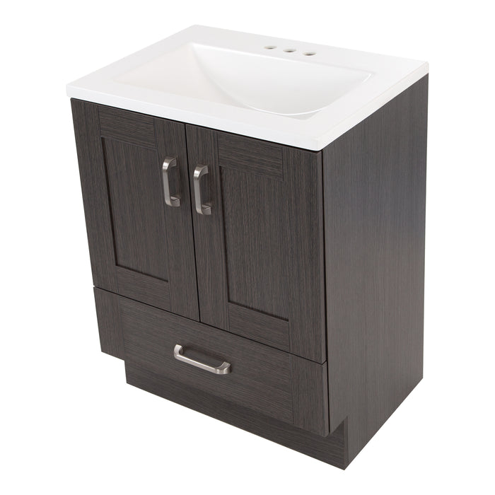 Top view of Noelani 24.25” wide powder room vanity features a transitional design with soft-close 2-door cabinet and a full-extension bottom drawer in Milano Oak finish