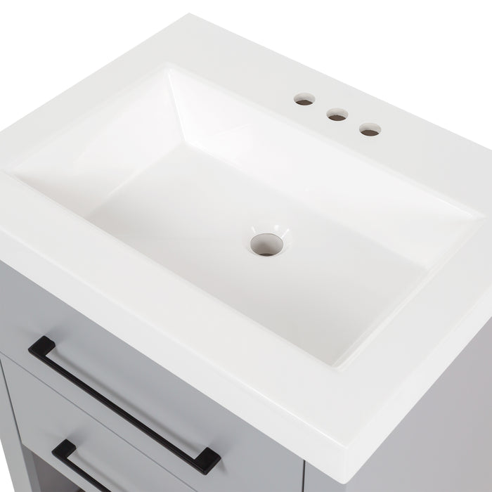24.5" 2-Drawer Vanity With Pull-Out Open Shelf and White Sink Top