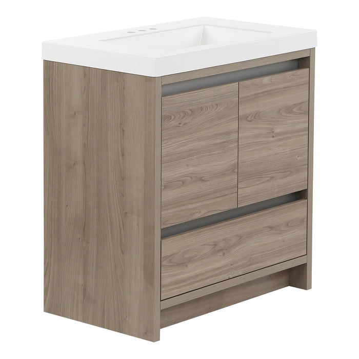 Angled view of Trente 30 inch 2-door, 1-drawer, bathroom vanity with woodgrain finish and white sink top