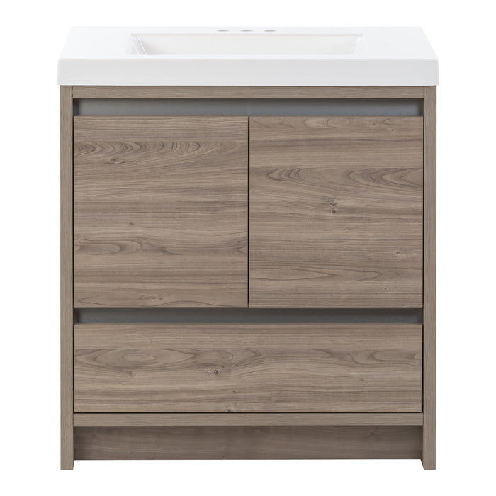 Trente 30 inch 2-door, 1-drawer, bathroom vanity with woodgrain finish and white sink top
