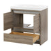 Open doors and base drawer on Trente 30 inch 2-door, 1-drawer, bathroom vanity with woodgrain finish and white sink top