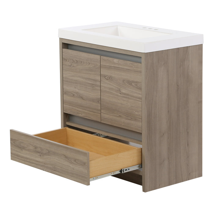 Side view with bottom drawer open on Trente 30 inch 2-door, 1-drawer, bathroom vanity with woodgrain finish and white sink top