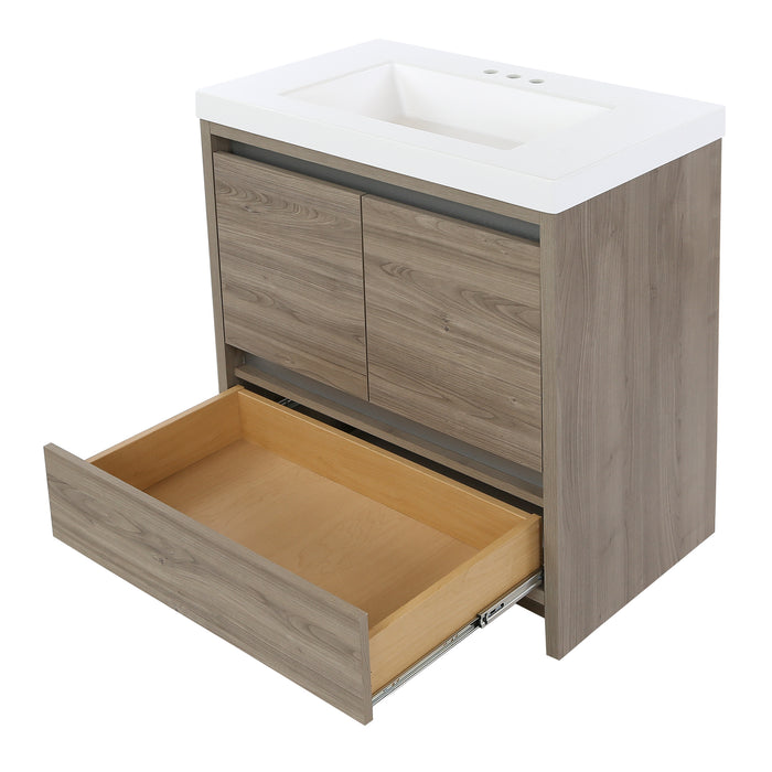 open base drawer on Trente 30 inch 2-door, 1-drawer, bathroom vanity with woodgrain finish and white sink top