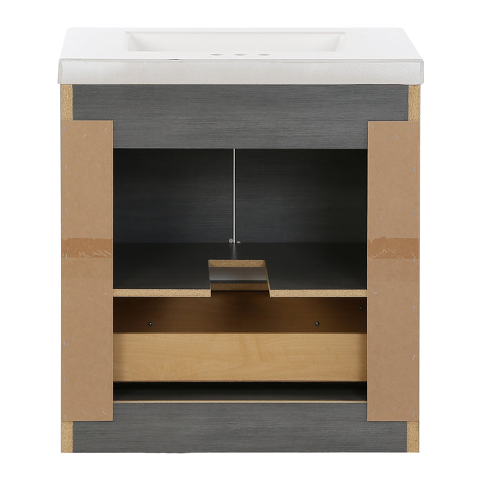 Open back on Trente 30 inch 2-door, 1-drawer, bathroom vanity with woodgrain finish and white sink top
