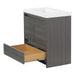 Open base drawer on Trente 30 inch 2-door, 1-drawer, bathroom vanity with woodgrain finish and white sink top