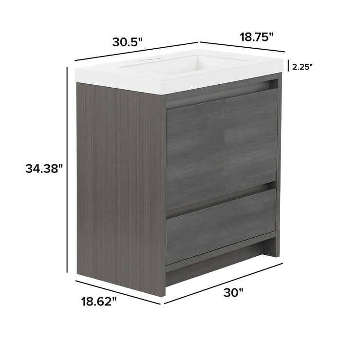 Measurements of Trente 30 inch 2-door, 1-drawer, bathroom vanity with woodgrain finish and white sink top: 30.5 in W x 18.75 in H x 34.38 in H