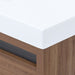 Corner detail on Trente 30 inch 2-door, 1-drawer, bathroom vanity with woodgrain finish and white sink top