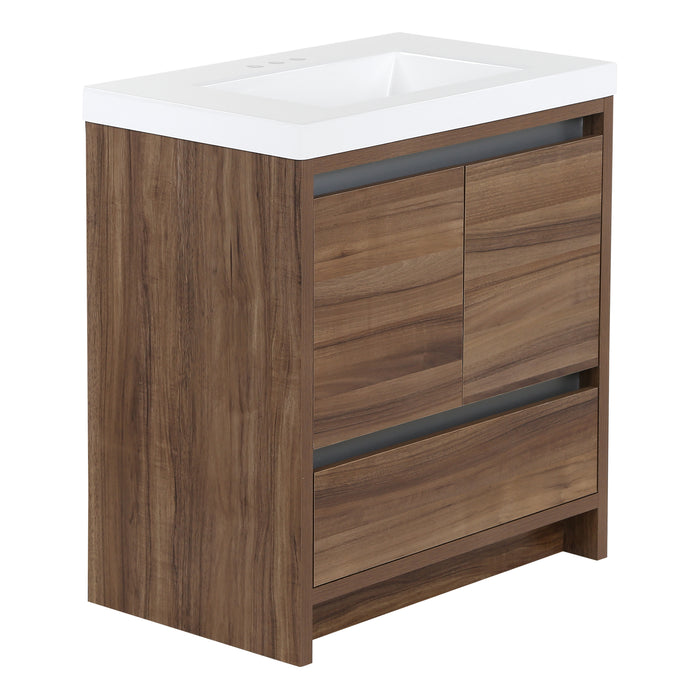 Angled view of Trente 30 inch 2-door, 1-drawer, bathroom vanity with woodgrain finish and white sink top