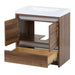 Open doors and drawer on Trente 30 inch 2-door, 1-drawer, bathroom vanity with woodgrain finish and white sink top