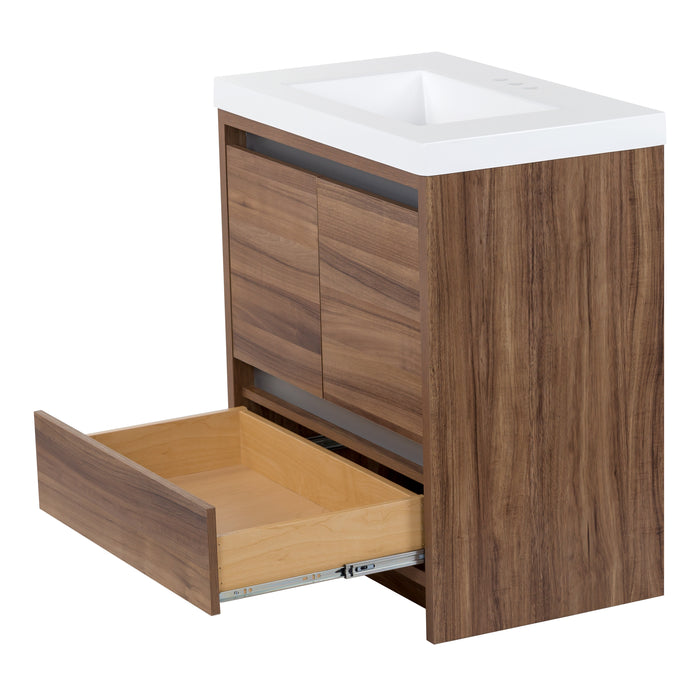Side view with base drawer open on Trente 30 inch 2-door, 1-drawer, bathroom vanity with woodgrain finish and white sink top