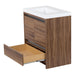 Side view with base drawer open on Trente 30 inch 2-door, 1-drawer, bathroom vanity with woodgrain finish and white sink top