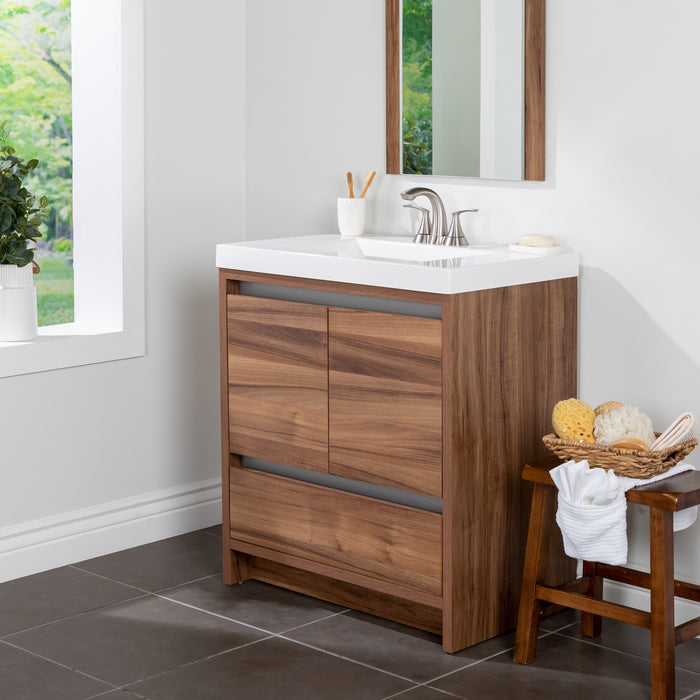 Trente 30 inch 2-door, 1-drawer, bathroom vanity with woodgrain finish and white sink top installed in bathroom