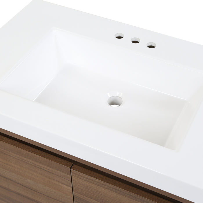 Predrilled white sink top on Trente 30 inch 2-door, 1-drawer, bathroom vanity with woodgrain finish and white sink top