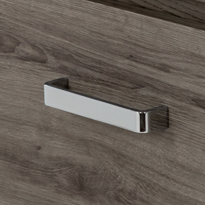 Close view of the polished chrome door and drawer pull hardware on 30.25" Devere freestanding single-sink vanity, shown here in Dark Oak finish