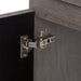 Image shows soft-close cabinet door hinge for 30.25" Devere freestanding single-sink vanity, shown here in Dark Oak finish