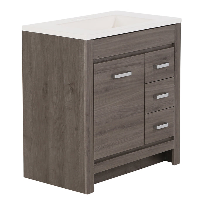 Side view of 30.25" Devere freestanding single-sink vanity features a contemporary design with a soft-close, single-door cabinet, 3 full-extension drawers and polished chrome hardware – shown here in Dark Oak finish