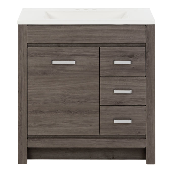 30.25" Devere freestanding single-sink vanity features a contemporary design with a soft-close, single-door cabinet, 3 full-extension drawers and polished chrome hardware – shown here in Dark Oak finish