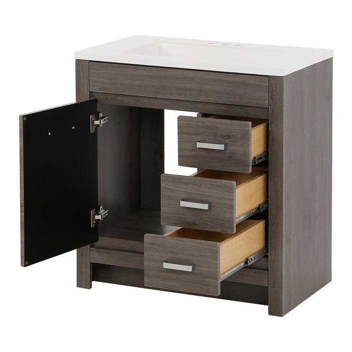 Image shows the 30.25" Devere freestanding single-sink vanity, shown here in Dark Oak finish, with all drawers fully extended and cabinet door open