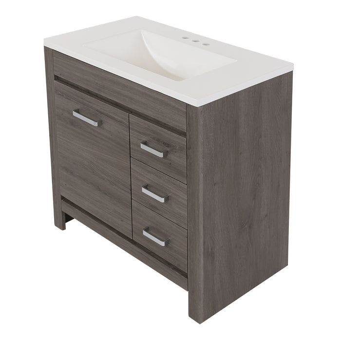 Top view of 30.25" Devere freestanding single-sink vanity features a contemporary design with a soft-close, single-door cabinet, 3 full-extension drawers and polished chrome hardware – shown here in Dark Oak finish
